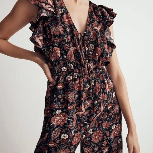 NWT Madewell Deep-V Ruffle Wide Leg Jumpsuit in Pampas Blooms Black Brown Sz. S - Picture 3 of 12